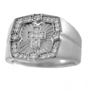White Austrian Crystal Men's Ring with Cross in Stainless Steel